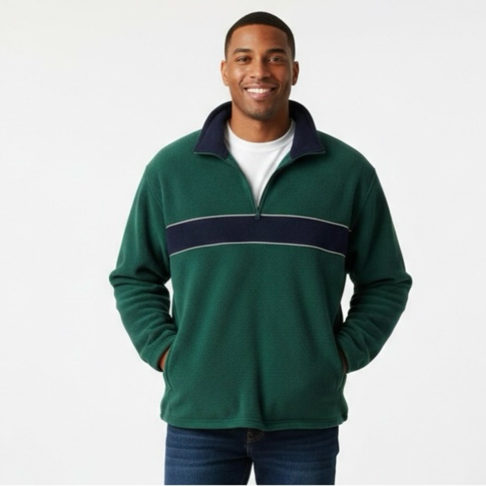 Men's 90’s Vintage Green and Navy Zip-Up fleece Sweater XXL